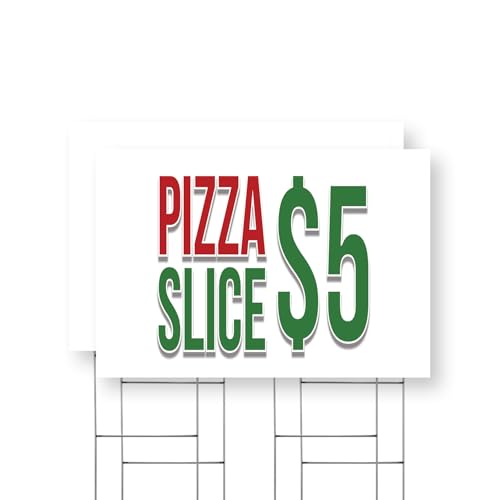 Pizza Slice $5 Yard Sign 2 Pack of 24 Inch x 36 Inch Single Sided Weatherproof Heavy-Duty Plastic with Stake | Premium Ingredients, Quick Service, Delicious Meals | Made in USA