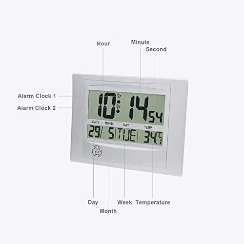 HeQiao Silent Desk Clocks Digital Wall Clock Simple Large LCD Alarm Clock with Temperature Calendar for Home Office (Silver) - Thumbnail 3