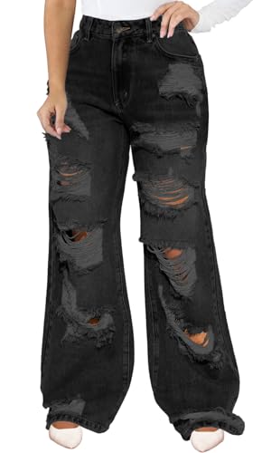 IbuduSexy Women's Mid Waisted Wide Leg Destroyed Ripped Jeans Retro