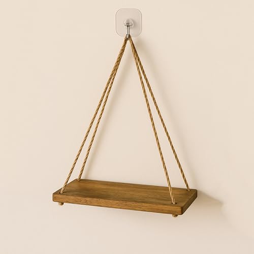 Image of Wooden Hanging Shelves Adjustable Rope Hanging Shelf, Wall Hanging Home Decor, Lightweight, Premium Wooden Shelf, Hanging Plant Shelf for Bedroom and Living Room Natural Finish