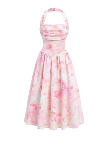 Floerns Girl's Summer Halter Dress Sleeveless Floral Ruched Vacation A Line Dresses