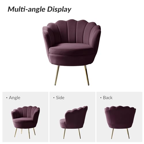 Image of HULALA HOME Modern Velvet Accent Chair with Shell Shaped Back, Cute Living Room Bedroom Armchair Sofa Chair with Gold Legs, Comfy Upholstered Vanity Chair for Makeup Room, Purple