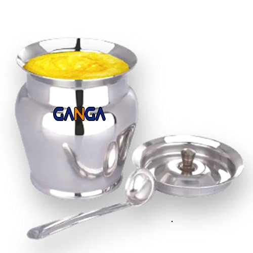 Image of Ghee Container With Spoon Oil Dispenser | Ghee Pot Steel, Ghie Dispenser | Salt Container With Spoon | Steel Oil Pot 300ml Silver Pack of 2 (Pack Of 1, 300ml)