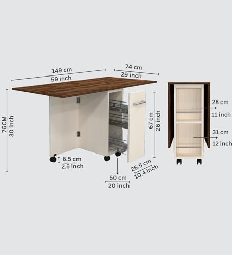 Image of SPECIALITY PANELS Folding Dining Table with Storage, 6 Seater, Brown Wood Top with Cream Base, 149x74x76 cm, Space Saving Kitchen Table on Wheels