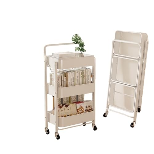 JICOMUS キッチンワゴン組立不要 折り畳み式 スチールラック 幅46×奥行29.5×高さ87cm 3段ワゴン ハンドル付き キッチンラック バスケットトローリー バスケット キャスター付き 隙間収納 カート 移動式 (A.,ホワイト)