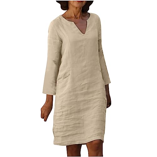 Cotton Linen Dresses for Women UK V Neck Midi Dress Summer Long Sleeve Wrap Dress Elegant Party Going Out Dress Plain Casual Dress Solid Party Dress Khaki