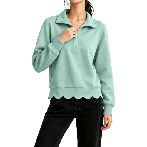 Quarter Zip Sweatshirt Women Collared Scalloped Casual Pullover Sweatshirts - image 3