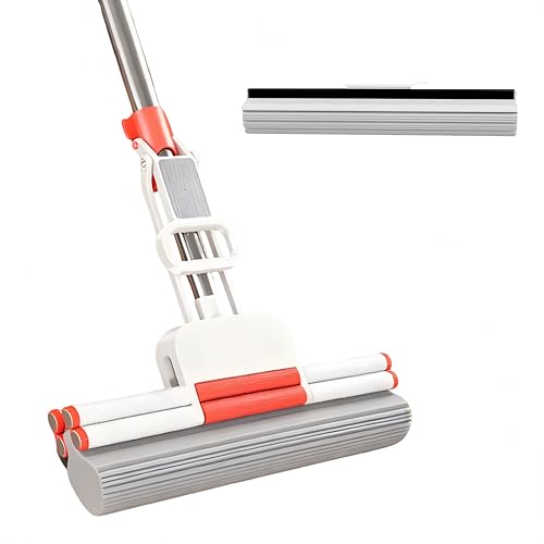 WFJINHAN PVA Sponge Mop with 1 Extra 13-inch Sponge Head Double-Row Roller Stainless Steel Rod Floor Mop Highly Absorbent for Hard FloorsBathrooms Kitchens Garages and Pet Areas