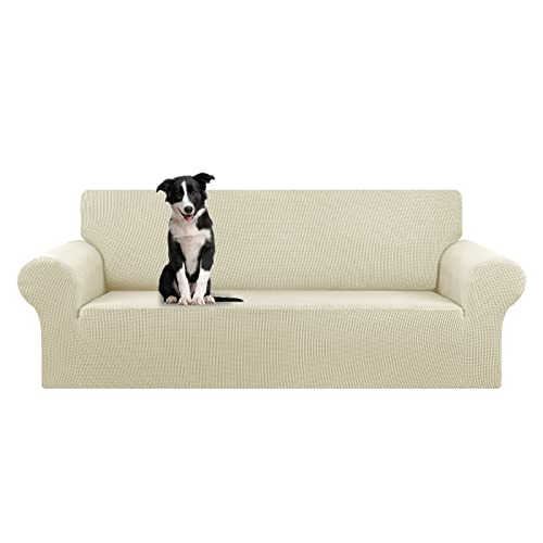 KEKUOU Stretch Oversized Sofa Slipcover 1 Piece Couch Sofa Cover (94"-110") Furniture Protector 4 Seater Sofa with Elastic Bottom for Kids,Pet.Jacquard Checked Pattern Fabric(X Large,Beige)
