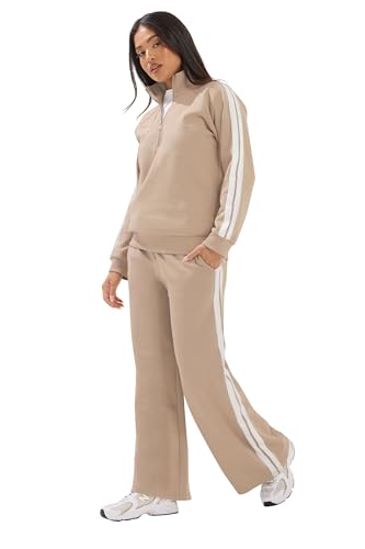 Image of PixieGirl Petite Set Natural Brown Stripe Cotton Sweatshirt & Wide Leg Joggers Petite
