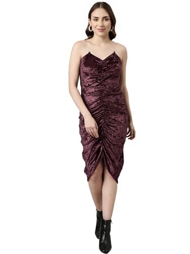 Image of SHOWOFFFF Women Solid Bodycon Party Dress | Sweetheart Neck Sleeveless Velvet Dress for Womens | Knee Length Dress for Women's