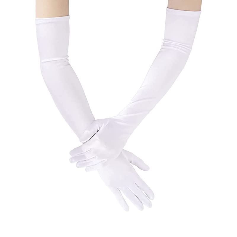 Sobrisah Women's Prom Long Gloves 21" White/Black Satin Finger Gloves Evening Party Dance Gloves