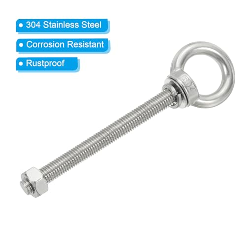 Image of PATIKIL M12 x 100mm Lifting Shoulder Eye Bolt, 2Pcs 304 Stainless Steel Lifting Ring Threaded Eyebolt with Nuts Washers for Hanging Hammocks Articles