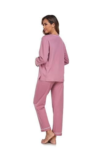 Image of COLORFULLEAF 100% Cotton Pajama Set for Women Long Sleeve Sleepwear with Pants Soft Comfy Two-Piece Pjs with Pockets