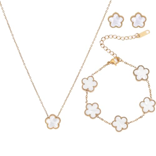 18K Gold Plated Four Leaf Clover Bracelet/Neckalce/Earring 3PC Lucky Clover Bracelets Set for Women Adjustable Cute Fashion Flower Bracelets Christmas Birthdays Holidays Jewelry Gifts (White)