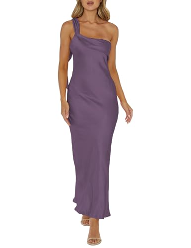 Image of 2026 Satin One Shoulder Maxi Dress for Women Summer Silk Formal Elegant Backless Ruffle Sleeveless Wedding Guest Dresses