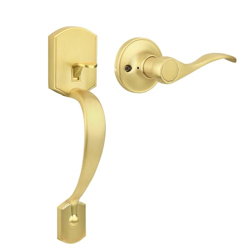 Image of Probrico Front Door Handle,Brushed Gold, Heavy Duty Exterior Door Handle with Reversible Lever, Satin Gold Entry Lock Grip Handle with Wave Lever, Keyless Door Locks in Camelot Look, 1Pack