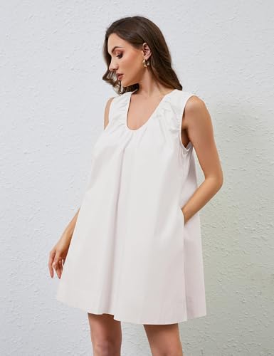 Image of Women Summer Sleeveless Babydoll Mini Dress Scoop Neck Loose Fit Tank Dresses Party Ruched Short Dress with Pockets
