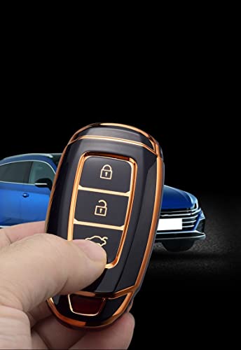 Image of JVCV Gold Border TPU Key Cover Compatible with Hyundai Verna Push Button Start Car Key - Glossy Protective Smart Key Case (Black)