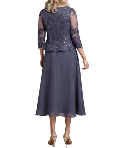 2 Piece Mother of The Bride Dresses Tea Length Lace Chiffon Evening Formal Wedding Guest Dress with Jacket4