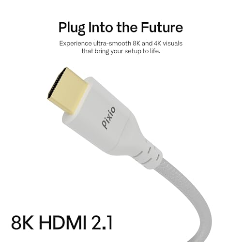 Image of Pixio White 8K HDMI 2.1 Cable Ultra Certified Ultra High Speed 6FT 8K 60Hz 4K 120Hz Nylon Braided, Gold Plated Connector, Anti-Breakage, HDR10+, dtsx, eARC, HDCP, Dolby Compatible