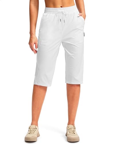G Gradual Womens 15 Long Shorts Below The Knee Hiking Cargo Capris Stretch Quick Dry Bermuda Shorts for Women with Pockets(D-White,L)