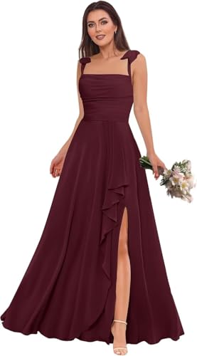 Women’s A Line Chiffon Bridesmaid Dress, Spaghetti Wedding Party Dress Long Formal Evening Gown with Slit