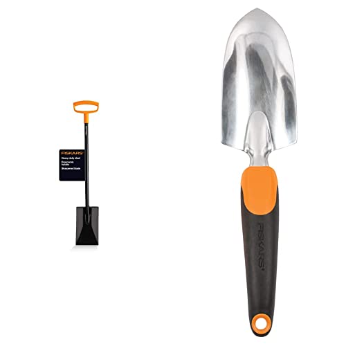 Fiskars Steel D-Handle Flat Square Garden Spade, Gardening Tools for Edging, Digging, Weed Removal, Heavy Duty, 46 Inch, Black/Orange & 384220-1001 Ergo Garden Hand Trowel, Black