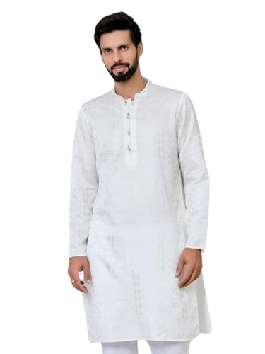 Image of See Designs Men's Full Sleeve Mandarin Collar Floral Embroidered Mandarin Collar Thread Work Straight Long Kurta - Festive Collection