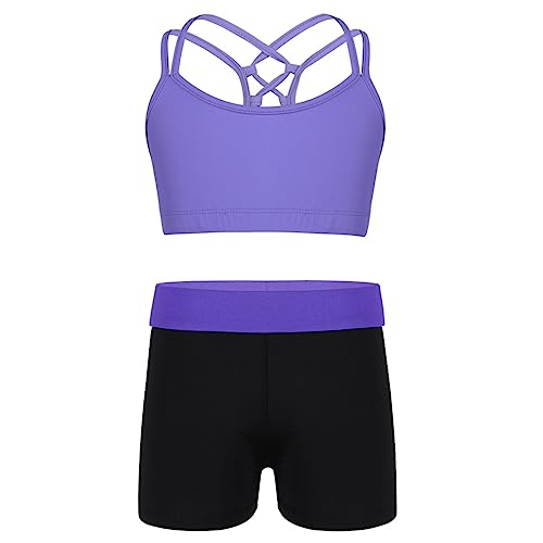 Moily Big Girls Solid Color 2 Pcs Dance Gymnastics Sports Outfit Crisscross Back Crop Top with Booty Shorts
