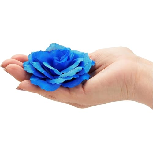 Image of Bright Creations Blue Roses Artificial Flowers - Set of 50 3 in Stemless Silk Roses - Royal Blue Reusable Water-Resistant Faux Bouquet Decor for Wedding & Home