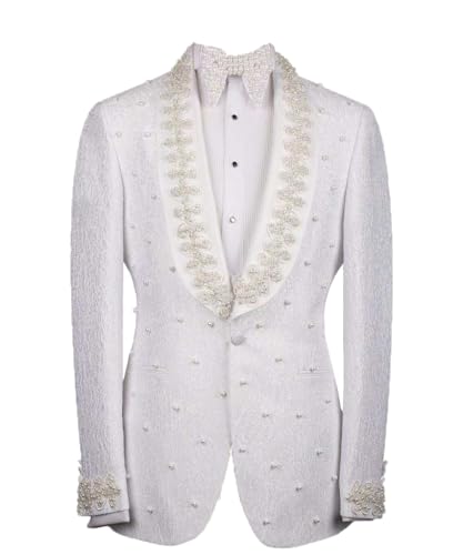 Men's White Rhinestone Embellished Shawl Lapel Paisley Blazer, Single Breasted