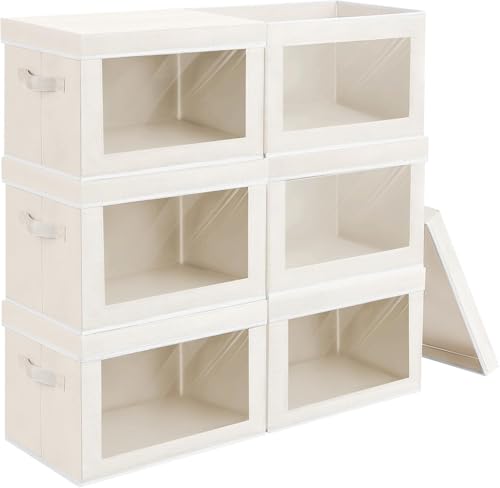 Image of Homsorout Stackable Storage Bins with Lids - Medium Storage Box with Lids, Foldable Closet Boxes for Organizing, Wardrobe Clothes Organizer with Window, Fabric Bins for Living Room, 6 Pack, Beige