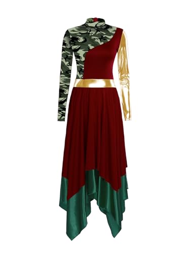 Winnrchan Women Metallic Liturgical Praise Dance Dress Long Sleeve Camouflage Print Worship Overlay Dance Costume Burgundy X-Large