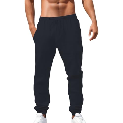 Pantalones casuales de playa para hombre, cómodos pantalones de algodón y lino, pantalones de verano de ajuste relajado, pantalones de cordón de color sólido, pantalones chinos transpirables y