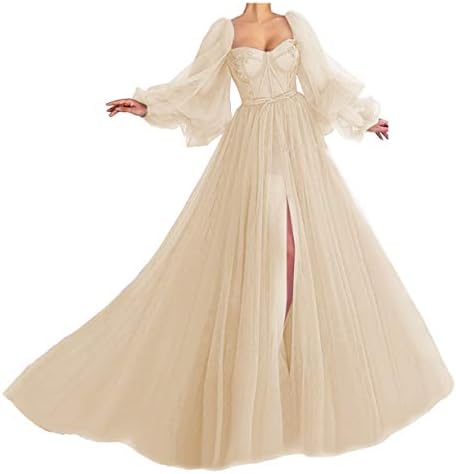 Puffy Sleeve Prom Dress Sweetheart Tulle Ball Gown Slit Formal Evening Gowns Princess Wedding Dresses Champagne Size 6