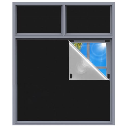 Fenster verdunklungsstoff, Verdunklungsrollo ohne Bohren 420D Oxford, 3mx1.46m Dachfenster verdunkelung Sonnenschutz, Tragbare Reise verdunkelungsrollo Klebebänder, freischnitt (Schwarz)