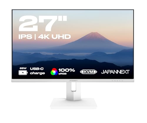 JapanNext Monitor Bianco 27 IPS 4K UHD (3840x2160) HDR | Ricarica tramite USB-C (65W) Altezza e inclinazione regolabili (HSP) Altoparlanti G-Sync/FreeSync | Garanzia 2 anni | JN-IPS27UHDR-C65W-HSP-W