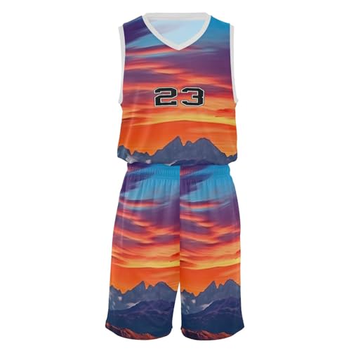 FLildon Sunset Mountain Peak Landscape Boys Basketball Jersey Set Tank Top Shorts Tracksuit Sport Training Suit for Kids, S