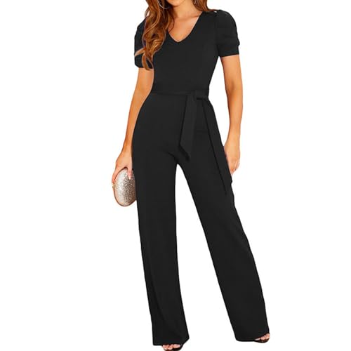 Coloody Femmes Combinaison Col V Manches Courtes Barboteuse Jumpsuit Élégant Pantalon Lâche Combishort avec Ceinture Black XL