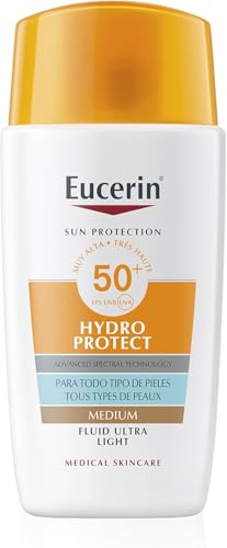 Eucerin Sun Face Hydro Protect Ultra-Light Fluid FPS50+ con tono medio (50 ml), crema facial solar con filtros UVA/UVB, protección solar 50+ en fluido extraligero, crema de sol con color