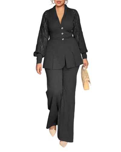 HWP Pants Suits for Women Dressy 2 Piece Business Casual Outfits Solid Long Sleeve Blazer and Pencil Pant Sets