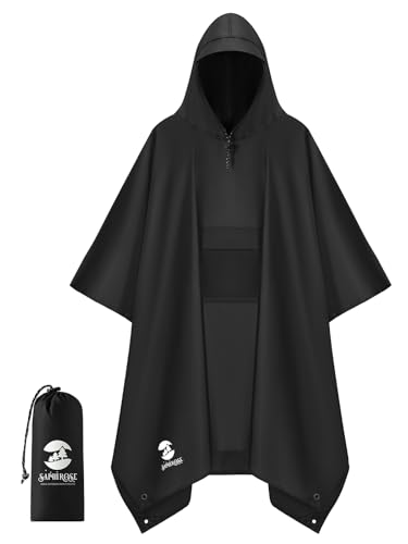SaphiRose Extra Thick Hooded Rain Poncho Double Layer Waterproof Raincoat Jacket for Men Women Adults