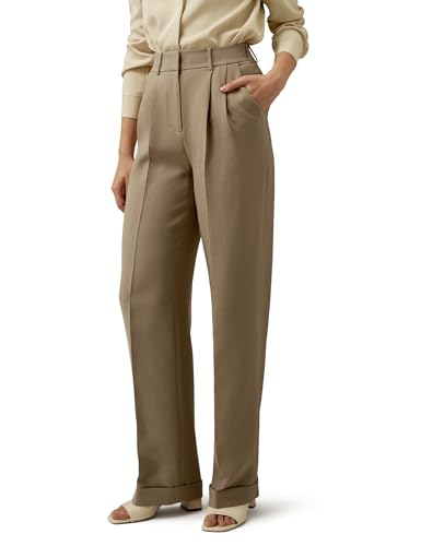 LilySilk Women Silk-Wool Blend Suit Pants Minimalist Solid Straight Leg Loose Work Trousers for Ladies Spring Casual Khaki