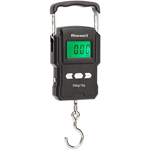 Rhorawill Luggage Scale 165lb/75kg Electronic Fishing Scales Digital Hanging Hook Scale Backlit LCD Screen with Measuring Tape Ruler, Temperature, 2 AAA Batteries for Hunting Travel Kitchen Cover
