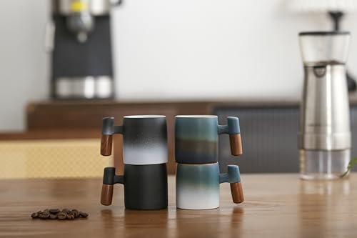 Dicmracy 2-Oz Ceramic Espresso Cups with Wood Handle, 2/4-Piece Set for Coffee, Tea, Latte - Dishwasher Safe, Multi-Color & Wood Styles, Gift & Café Use (black white2&blue black2, Wooden Handle4) by Dicmracy - Image 6