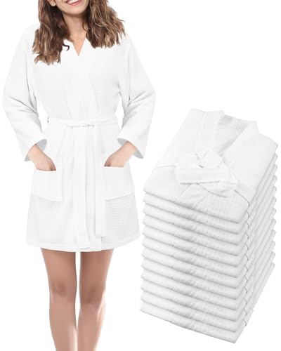 Panitay 12 Pcs Women's Short Waffle Robes Bulk Spa Robes Hotel Bath Commercial Soft Thin for Birthday Party (White Short Style)
