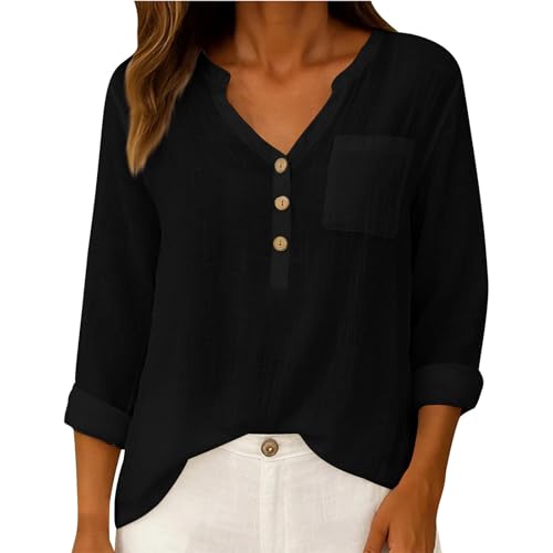 Image of Keepink Long Sleeve Tops Women Linen T-Shirt Solid Colour V Neck Button Henley Shirts Casual Comfort Blouse Oversized Tees Ladies Tuinc Tops for Summer Everyday Beach Holiday Pullover