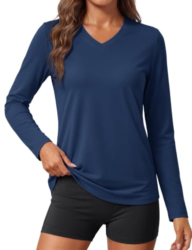 MAGCOMSEN Moisture Wicking Shirts for Women UPF 50+ Long Sleeve T Shirts Quick Dry Athletic Running Workout Tops Navy, L