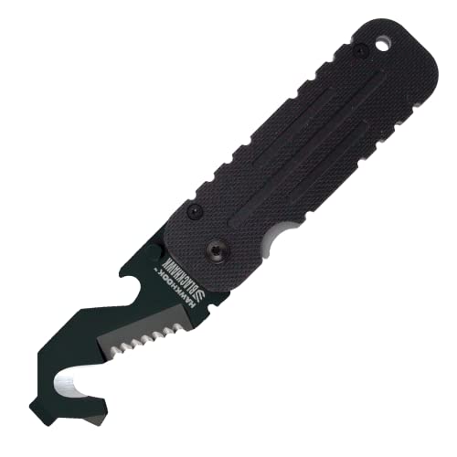 BLACKHAWK HAWKHOOK Compact Survival Multitool, 2-1/4” 9CRMOV18 Blade with G10 Handle with Glass Breaker, Seatbelt Cutter, Serrated Edge, Wire Stripper, Screwdriver, Bottle Opener (BH15HH11BK)